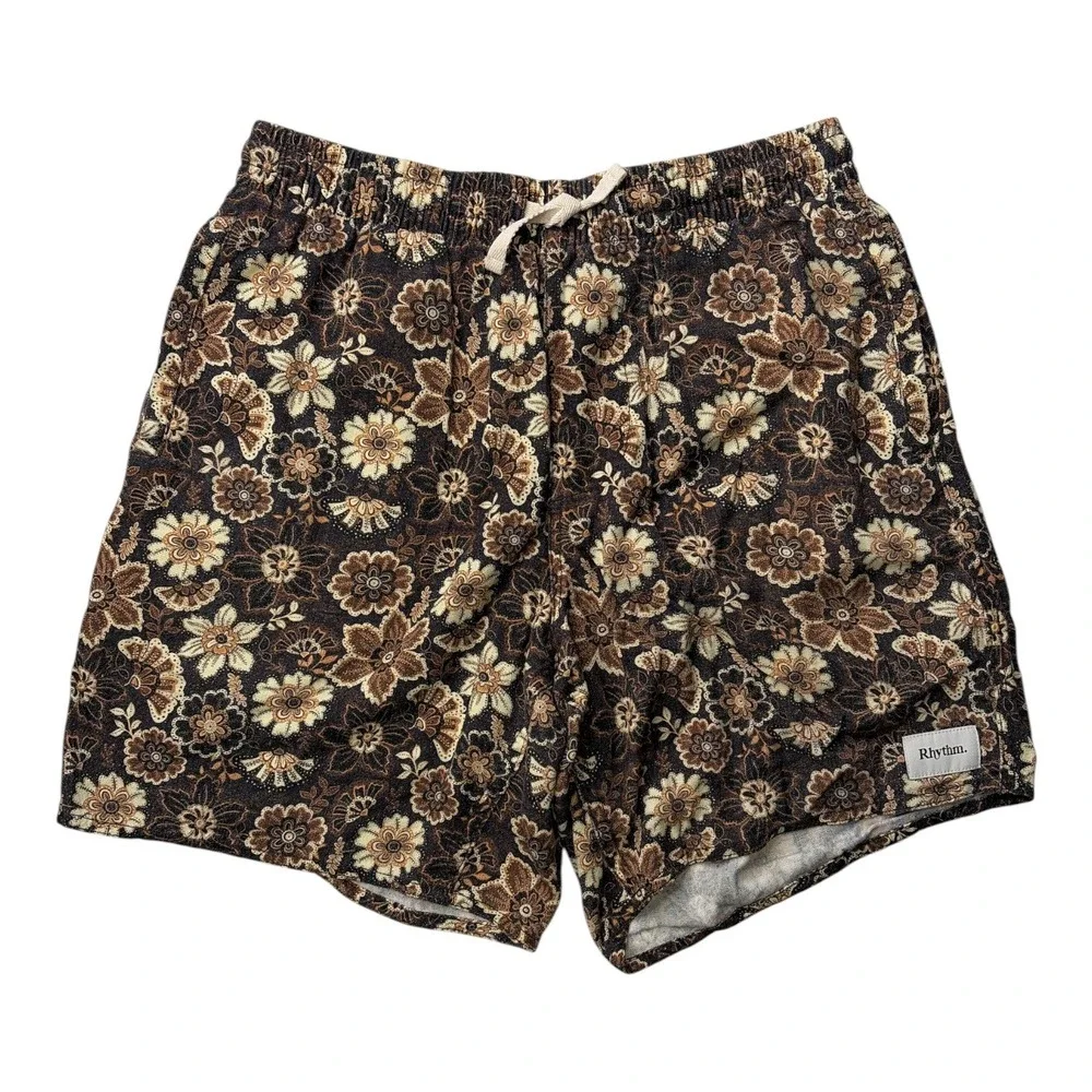 Rhythm Mens Floral Trunk Shorts Brown Cream Elastic Waist Surf Retro Casual S
